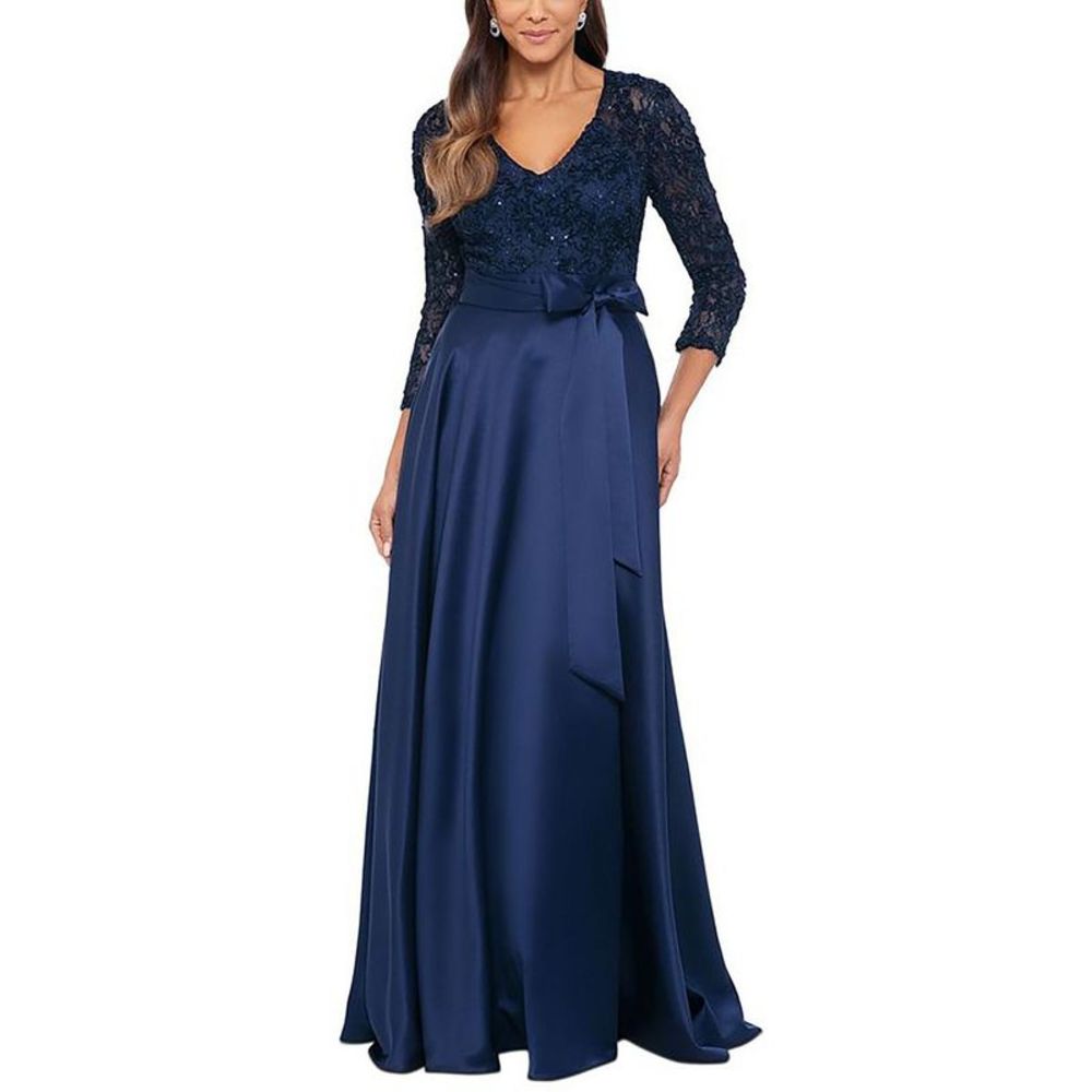 Xscape Navy Blue Lace & Satin Evening Gown